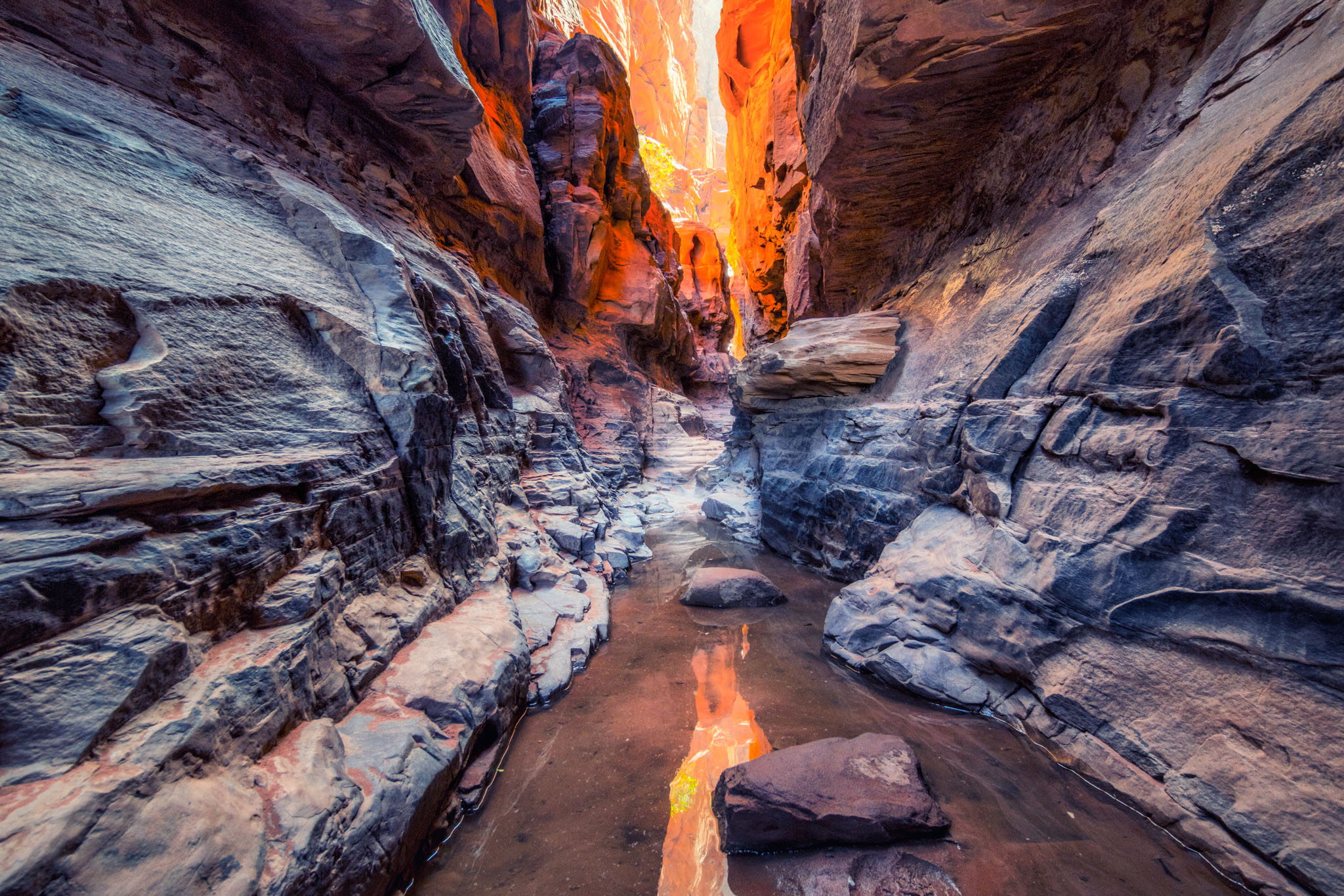 Passage étroit entre des parois rocheuses colorées dans le Wadi Rum