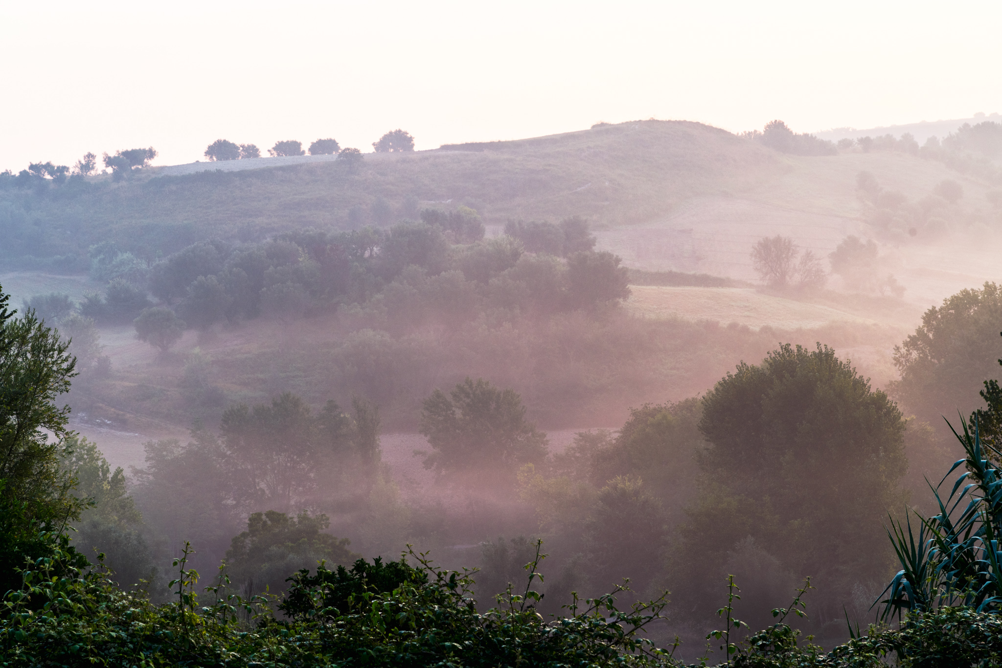 Collines de Calabre dans la brume au lever du jour depuis un lieu de bivouac