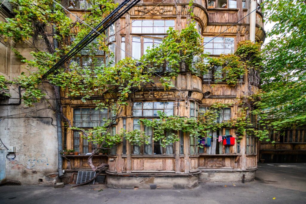 Balcons courts en bois typiques de Tbilisi, avec du linge suspendu et une vigne envahissant la cour.