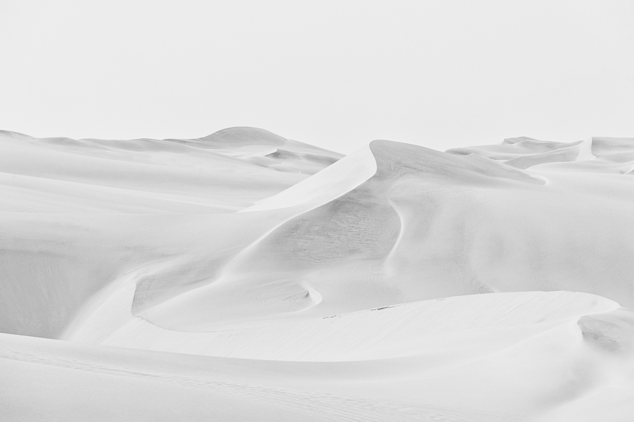Dunes claires et ondulantes de Sandwich Harbour photographiées en noir et blanc